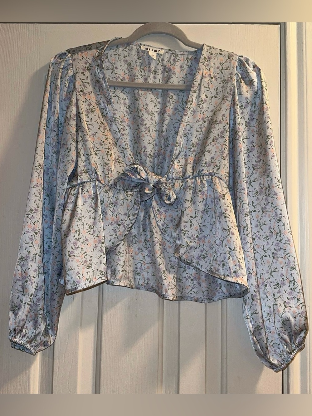 Miami from Francesca’s Collections Light Blue Floral Tie-Front Peplum Blouse